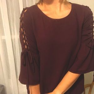 Burgundy Blouse with tie bell sleeves
